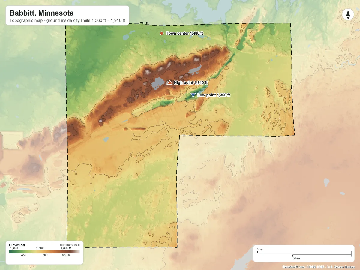Topographic elevation map of Babbitt, Minnesota, shaded from 1,360 ft on the southeast side to 1,910 ft on the south side