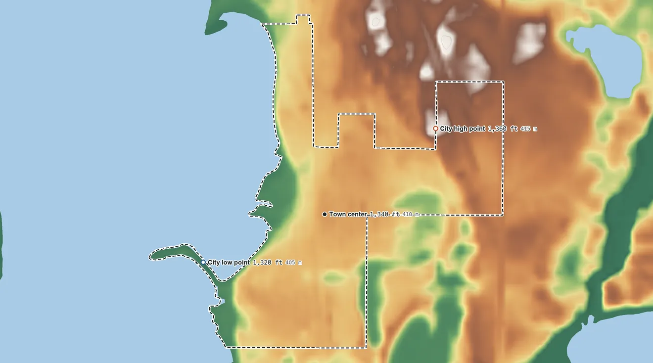 Topographic elevation map of Backus, Minnesota, shaded from 1,320 ft on the west side to 1,360 ft on the northeast side