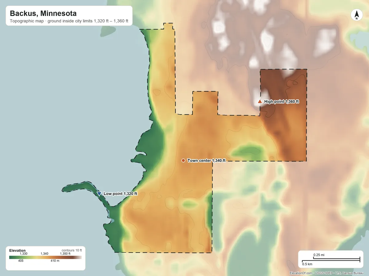 Topographic elevation map of Backus, Minnesota, shaded from 1,320 ft on the west side to 1,360 ft on the northeast side