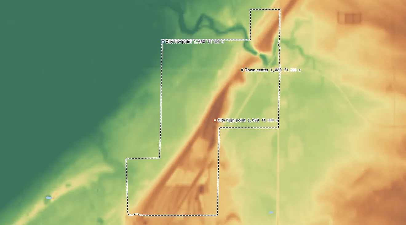Topographic elevation map of Badger, Minnesota, shaded from 1,060 ft on the west side to 1,090 ft on the southwest side