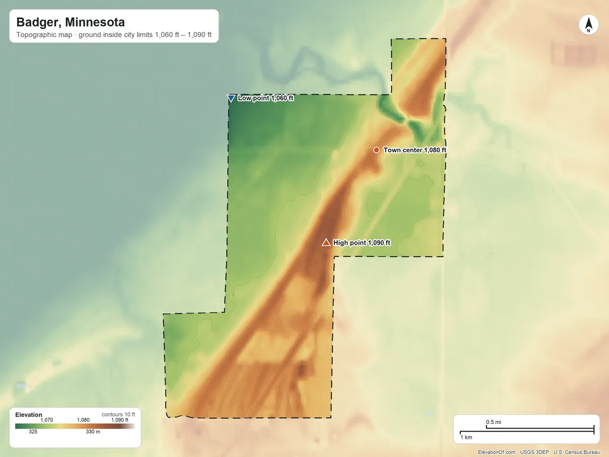 Topographic elevation map of Badger, Minnesota, shaded from 1,060 ft on the west side to 1,090 ft on the southwest side