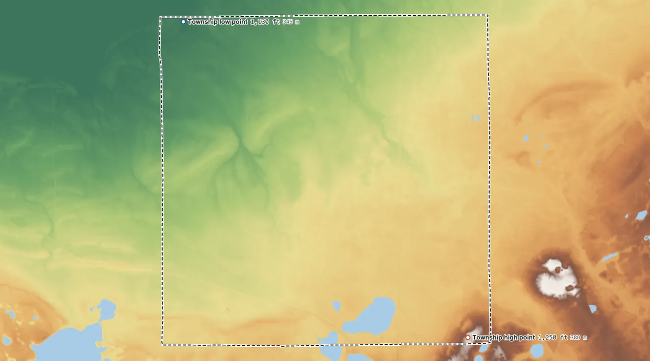Topographic elevation map of Badger Township, Minnesota, shaded from 1,130 ft on the northwest side to 1,250 ft on the southeast side