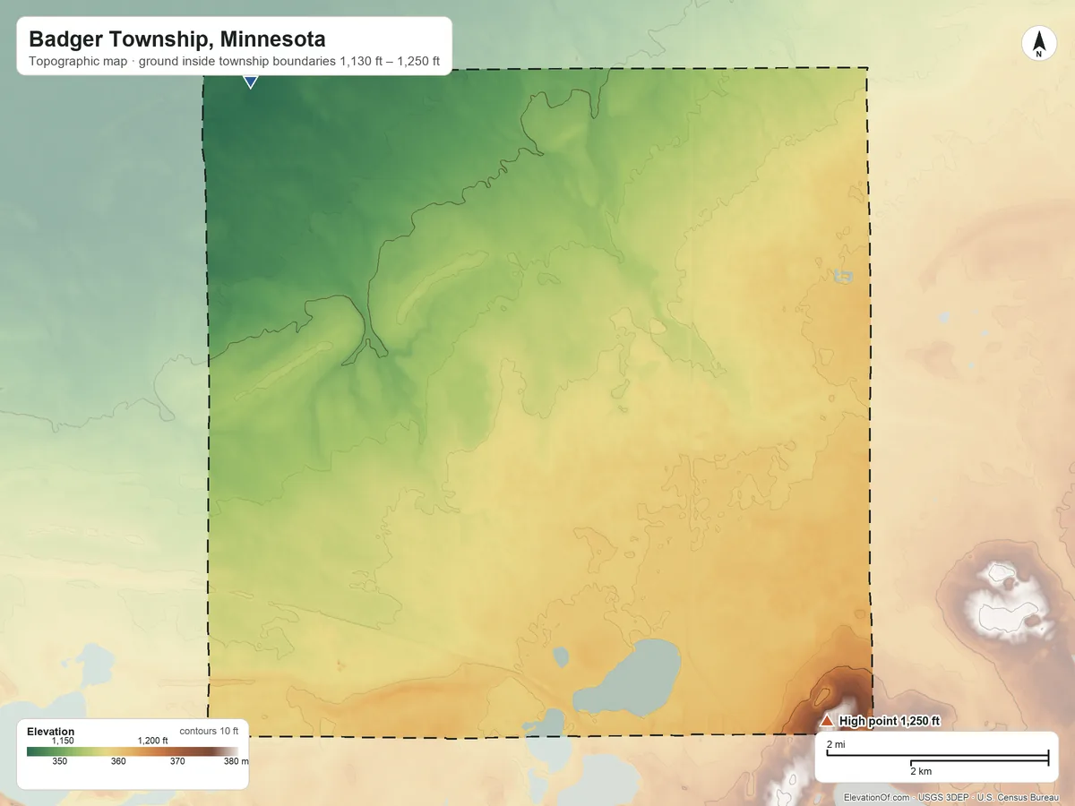 Topographic elevation map of Badger Township, Minnesota, shaded from 1,130 ft on the northwest side to 1,250 ft on the southeast side