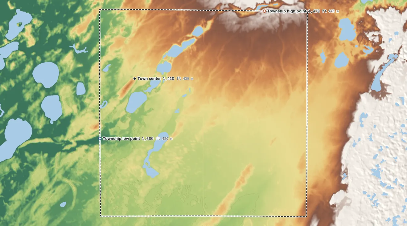 Topographic elevation map of Badoura Township, Minnesota, shaded from 1,380 ft on the southwest side to 1,470 ft on the northeast side