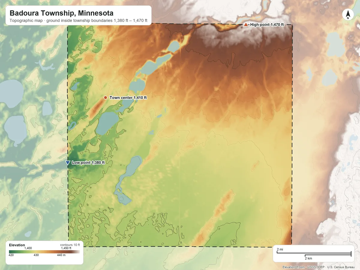 Topographic elevation map of Badoura Township, Minnesota, shaded from 1,380 ft on the southwest side to 1,470 ft on the northeast side