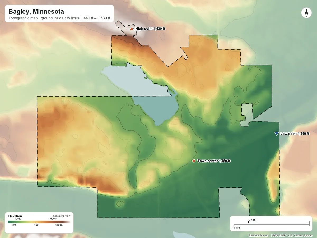 Topographic elevation map of Bagley, Minnesota, shaded from 1,440 ft on the east side to 1,530 ft on the northwest side