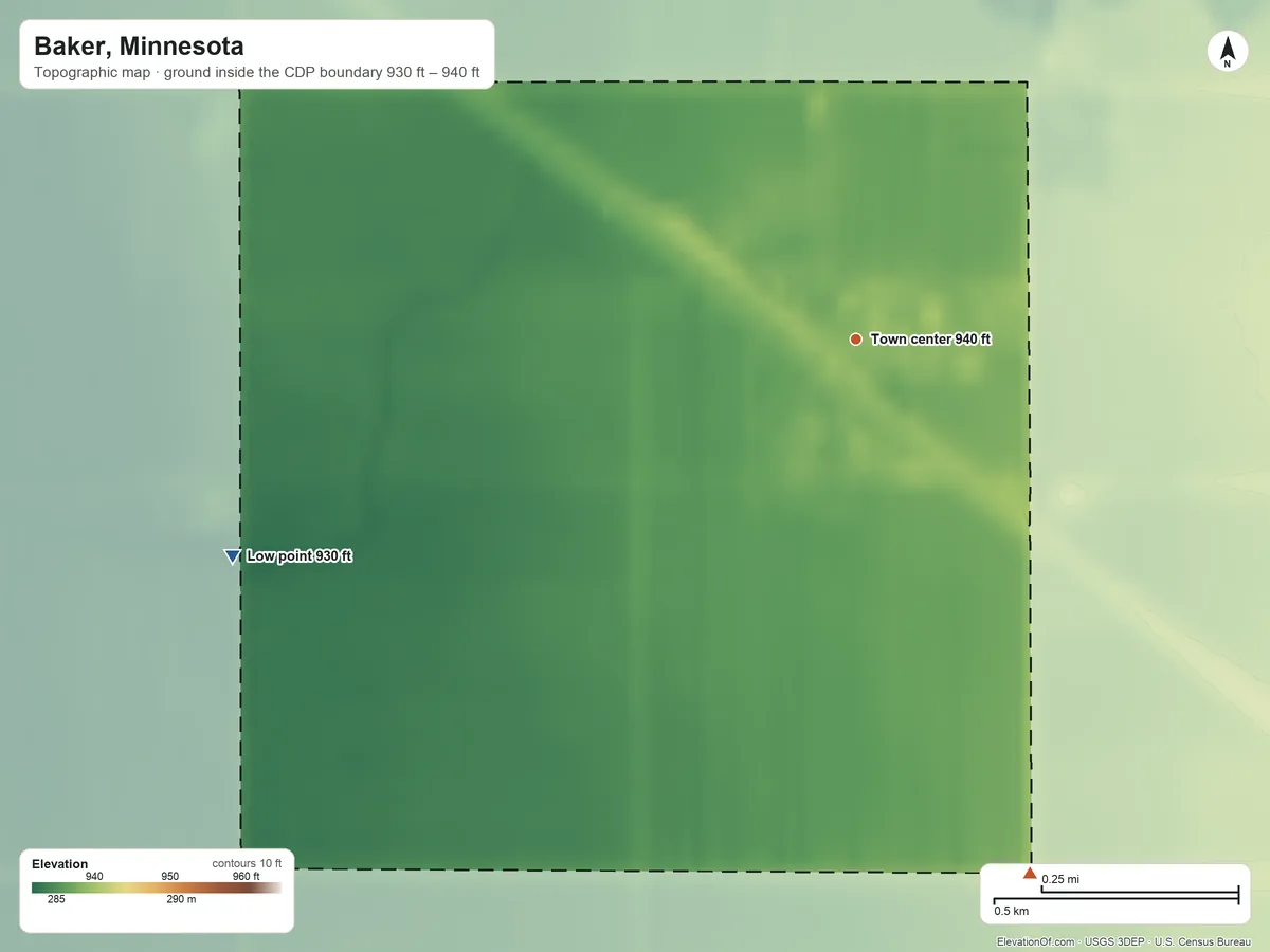 Topographic elevation map of Baker, Minnesota, shaded from 930 ft on the west side to 940 ft on the south side