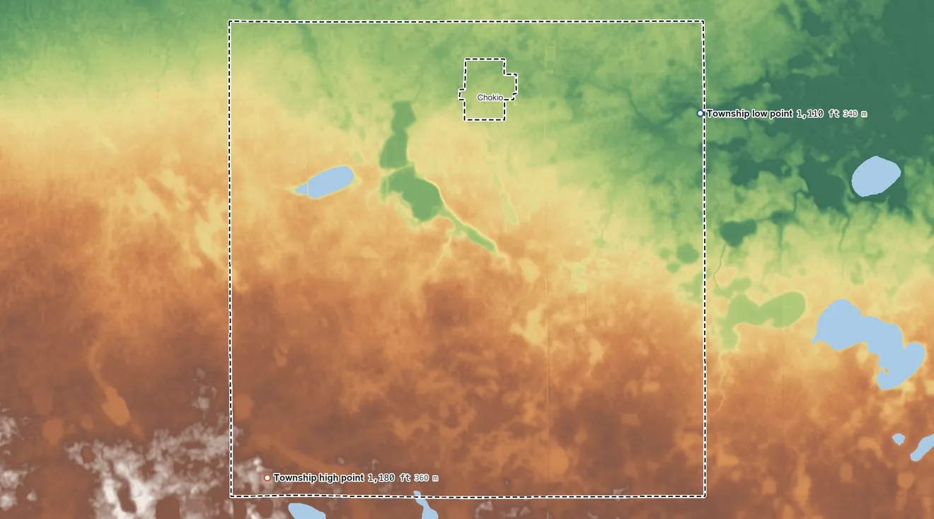 Topographic elevation map of Baker Township, Minnesota, shaded from 1,110 ft on the east side to 1,180 ft on the southwest side