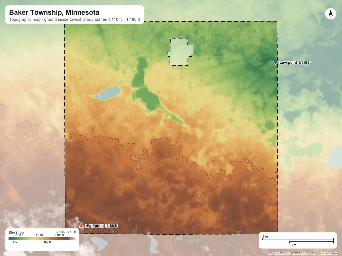 Topographic elevation map of Baker Township, Minnesota, shaded from 1,110 ft on the east side to 1,180 ft on the southwest side