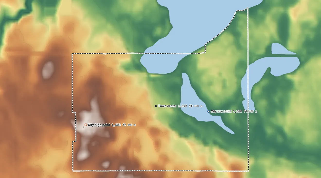 Topographic elevation map of Balaton, Minnesota, shaded from 1,510 ft on the east side to 1,600 ft on the west side