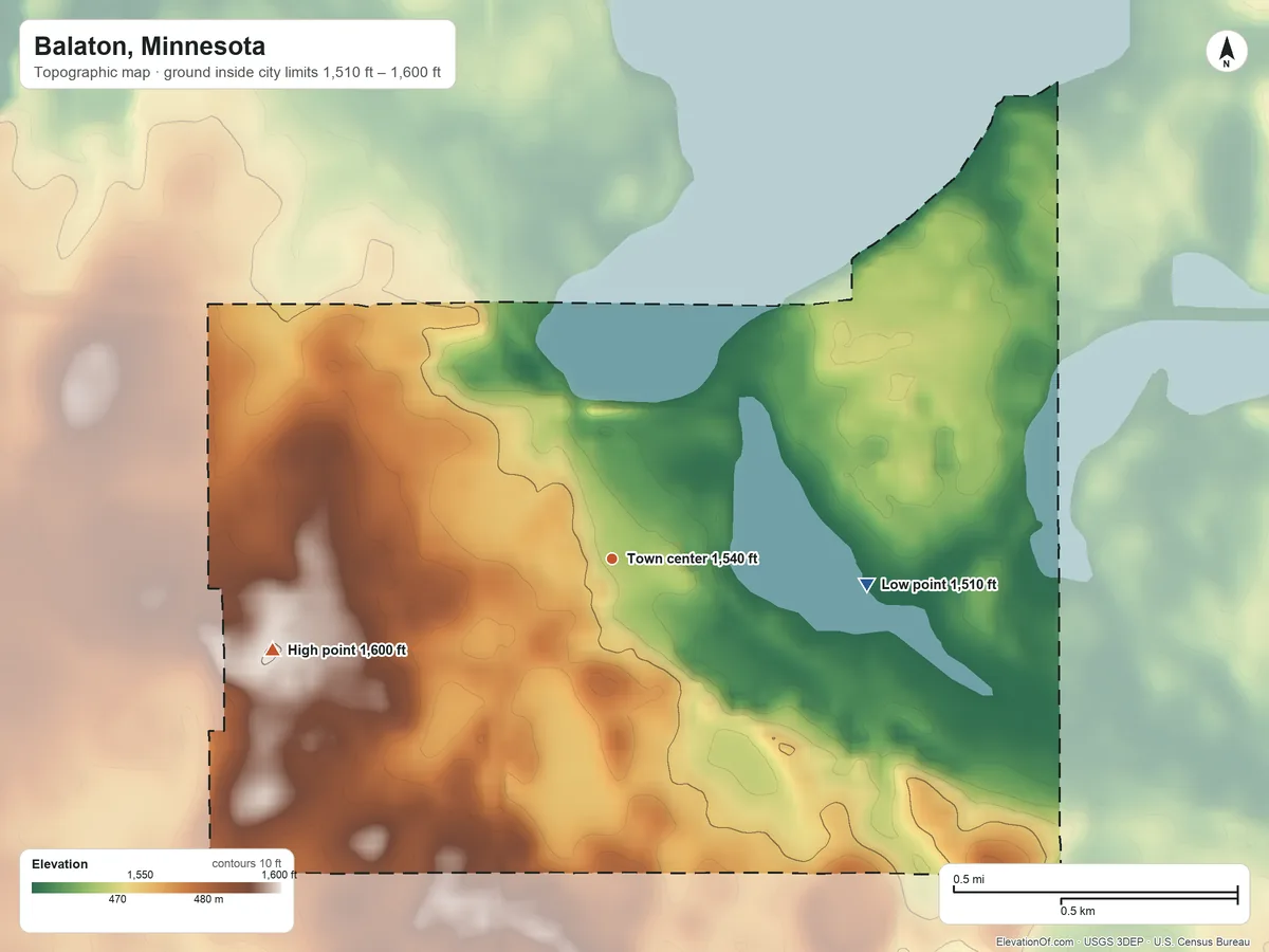 Topographic elevation map of Balaton, Minnesota, shaded from 1,510 ft on the east side to 1,600 ft on the west side