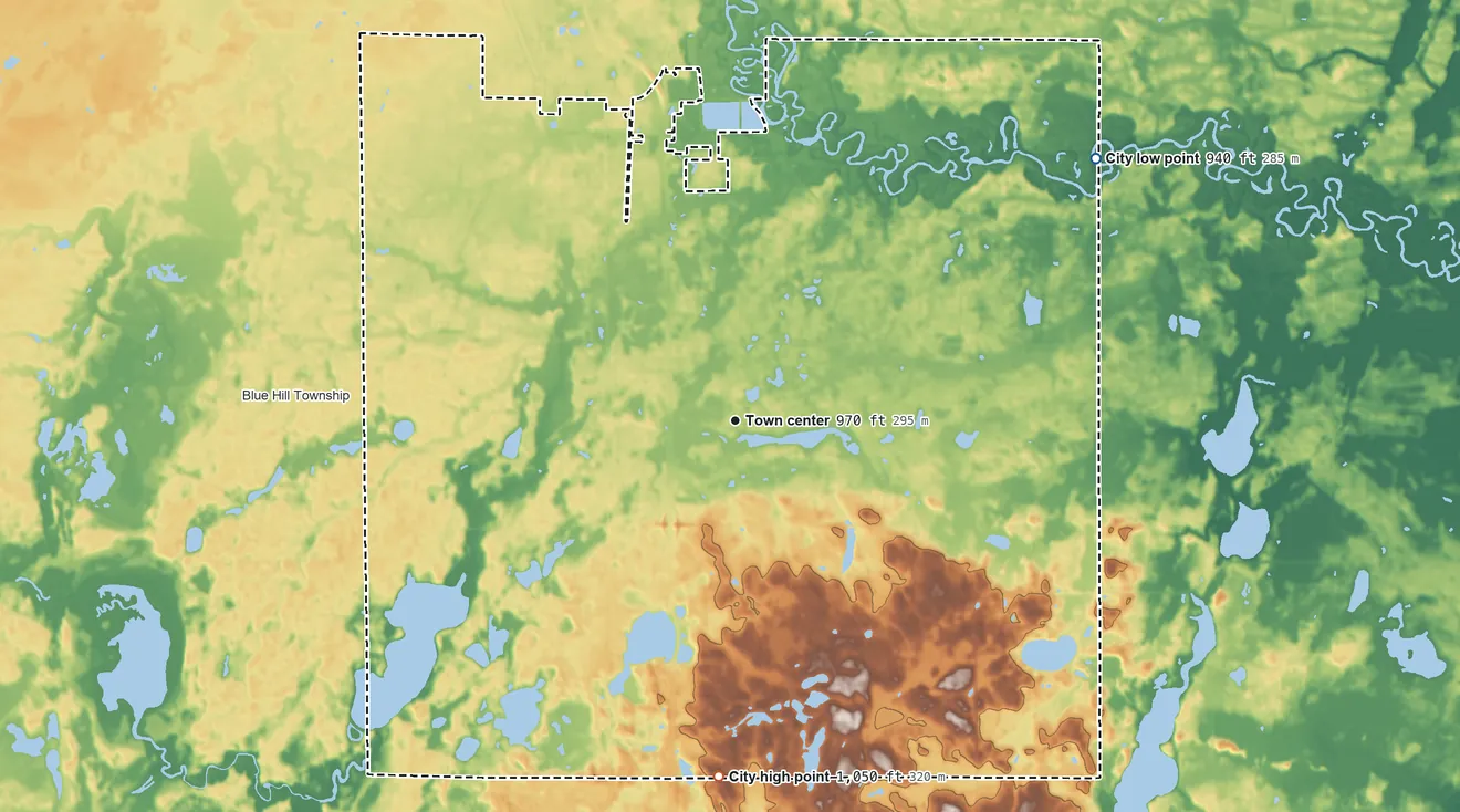 Topographic elevation map of Baldwin, Minnesota, shaded from 940 ft on the northeast side to 1,050 ft on the south side