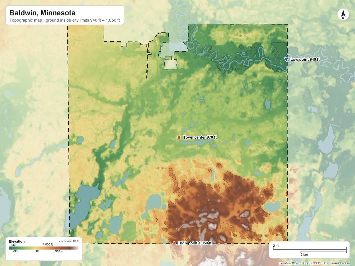 Topographic elevation map of Baldwin, Minnesota, shaded from 940 ft on the northeast side to 1,050 ft on the south side