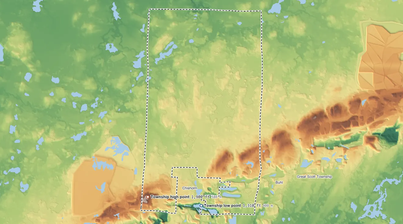Topographic elevation map of Balkan Township, Minnesota, shaded from 1,310 ft on the south side to 1,900 ft on the southwest side