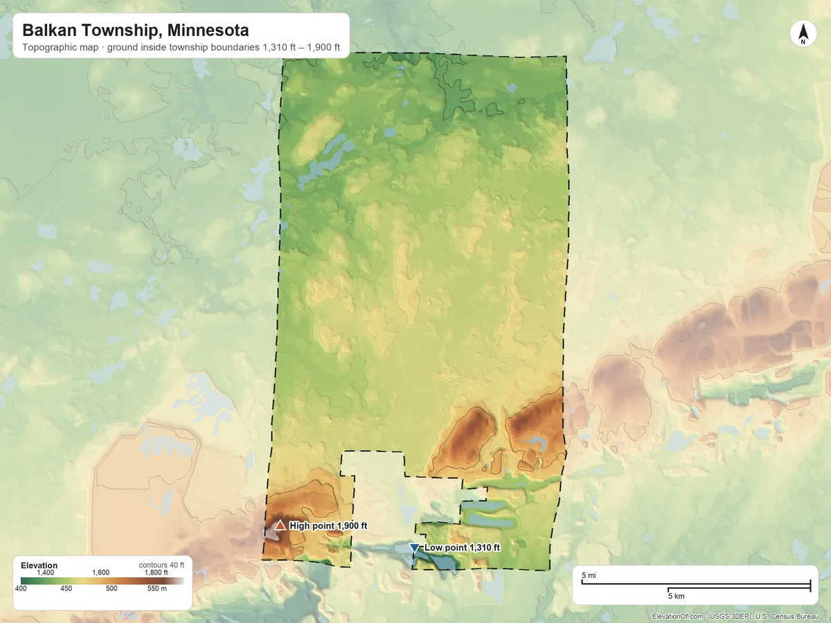 Topographic elevation map of Balkan Township, Minnesota, shaded from 1,310 ft on the south side to 1,900 ft on the southwest side