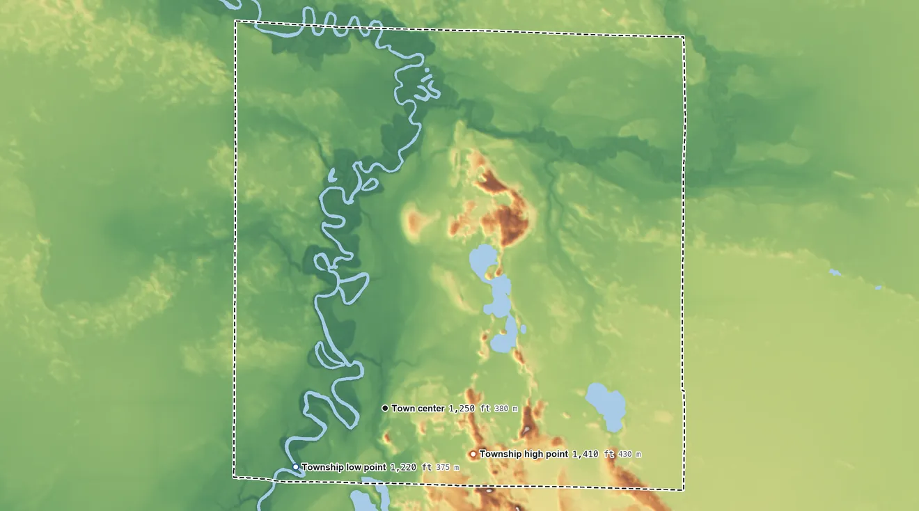 Topographic elevation map of Ball Bluff Township, Minnesota, shaded from 1,220 ft on the southwest side to 1,410 ft on the southeast side