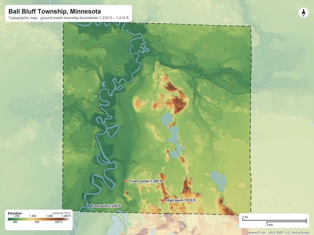 Topographic elevation map of Ball Bluff Township, Minnesota, shaded from 1,220 ft on the southwest side to 1,410 ft on the southeast side