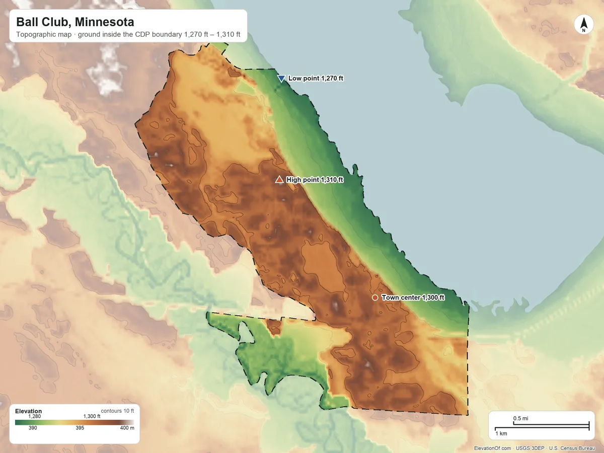 Topographic elevation map of Ball Club, Minnesota, shaded from 1,270 ft on the northwest side to 1,310 ft on the northwest side