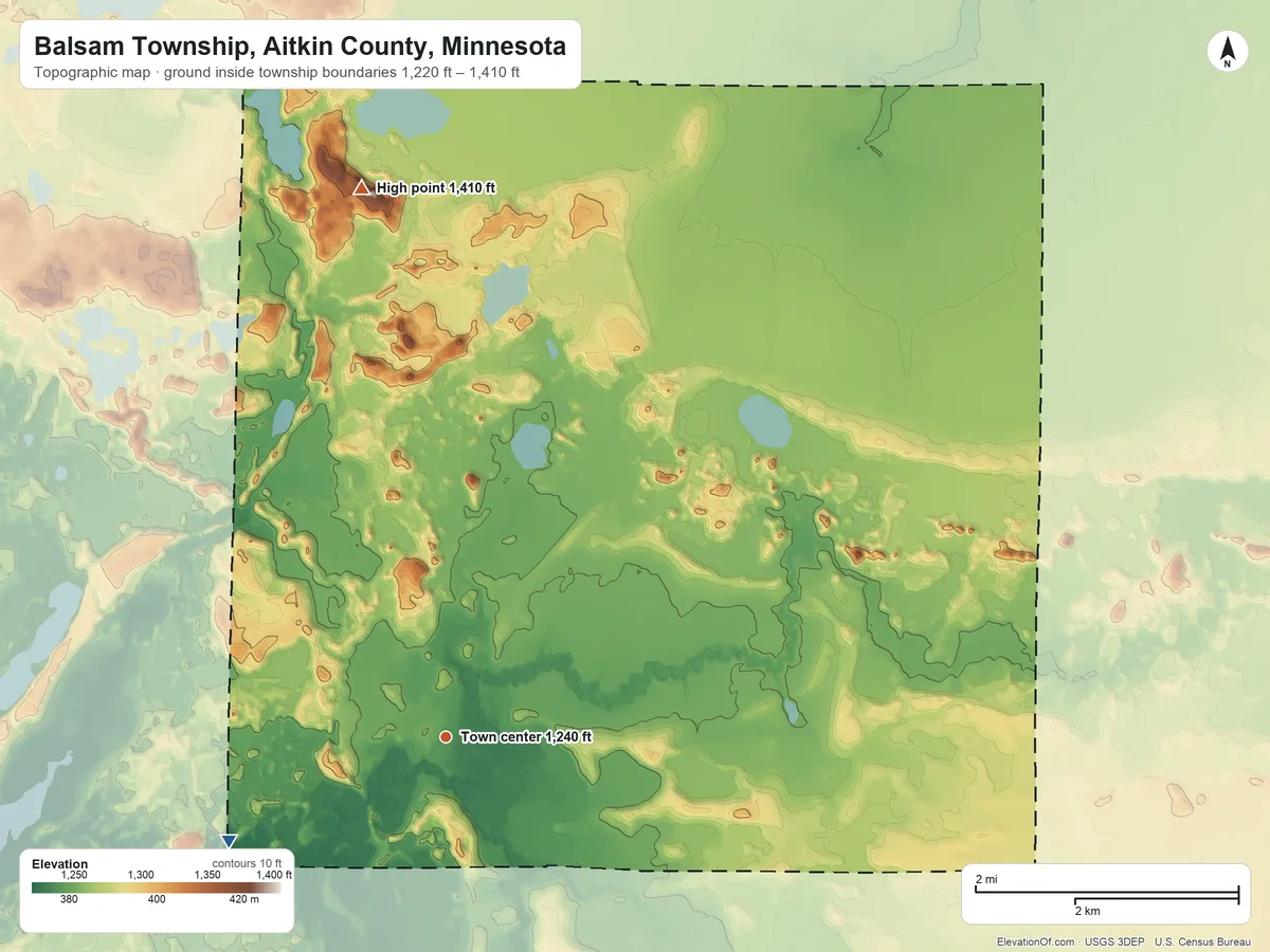 Topographic elevation map of Balsam Township, Aitkin County, Minnesota, shaded from 1,220 ft on the southwest side to 1,410 ft on the north side