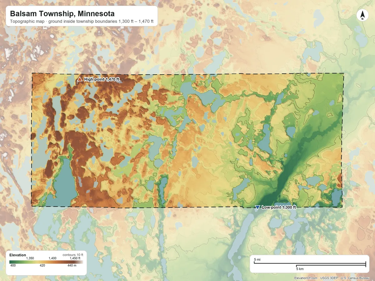 Topographic elevation map of Balsam Township, Minnesota, shaded from 1,300 ft on the southeast side to 1,470 ft on the northwest side