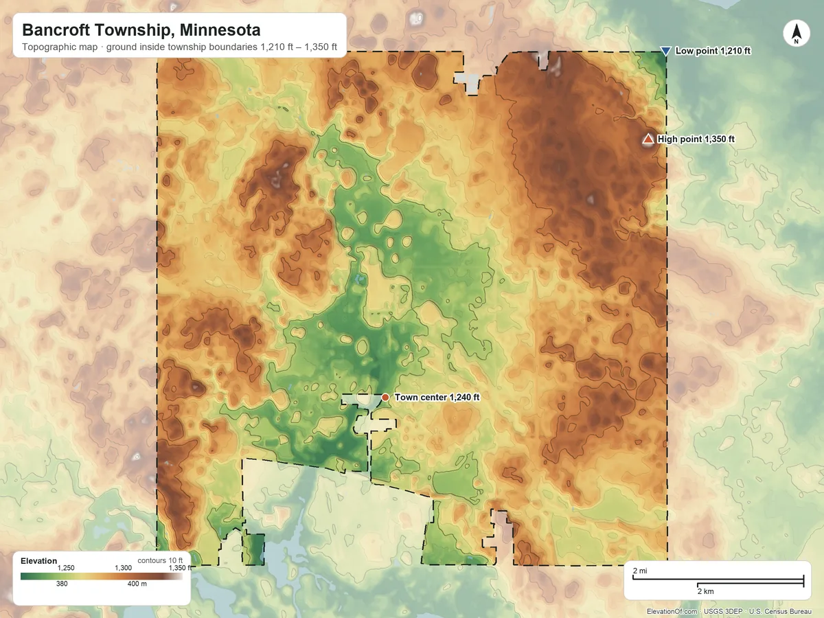 Topographic elevation map of Bancroft Township, Minnesota, shaded from 1,210 ft on the northeast side to 1,350 ft on the northeast side