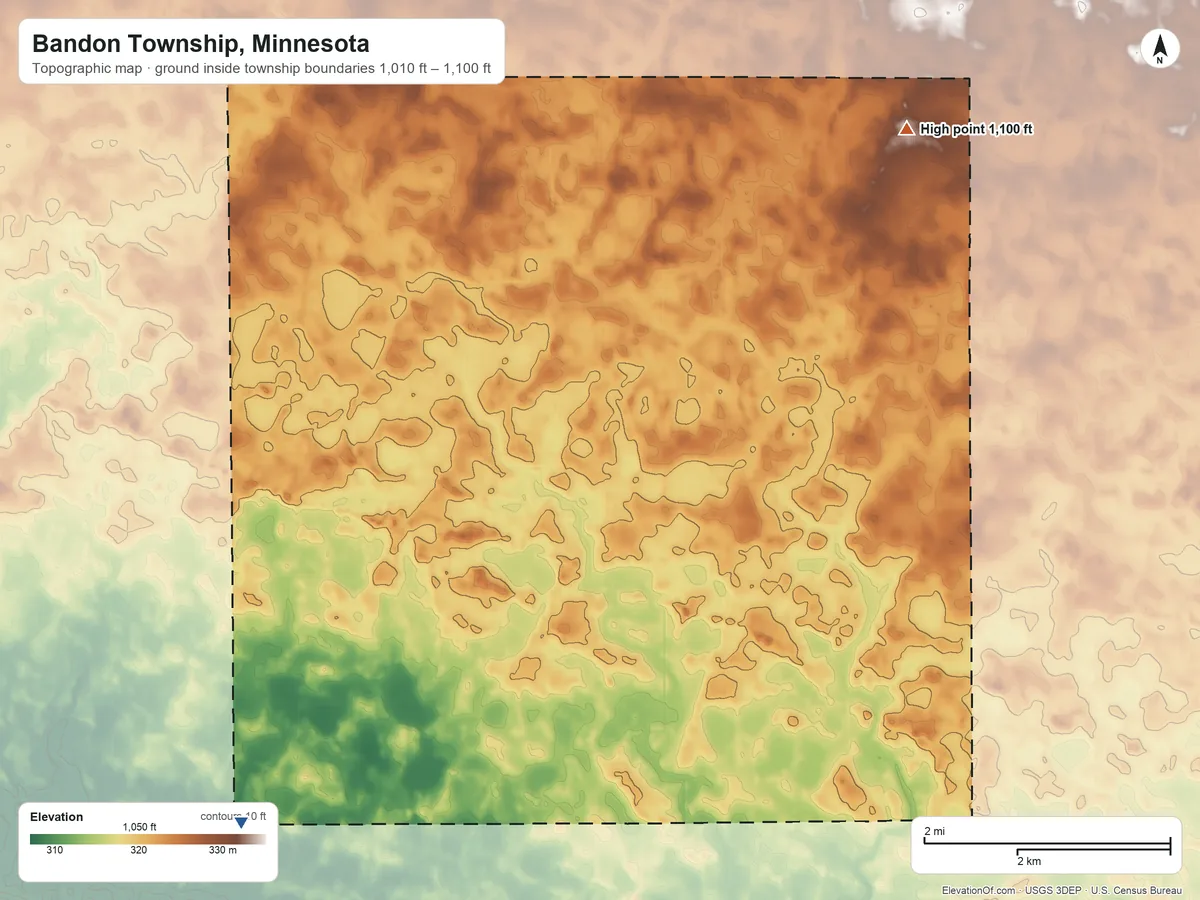 Topographic elevation map of Bandon Township, Minnesota, shaded from 1,010 ft on the southwest side to 1,100 ft on the northeast side