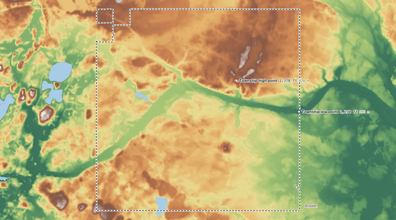 Topographic elevation map of Bangor Township, Minnesota, shaded from 1,290 ft on the east side to 1,370 ft on the northeast side