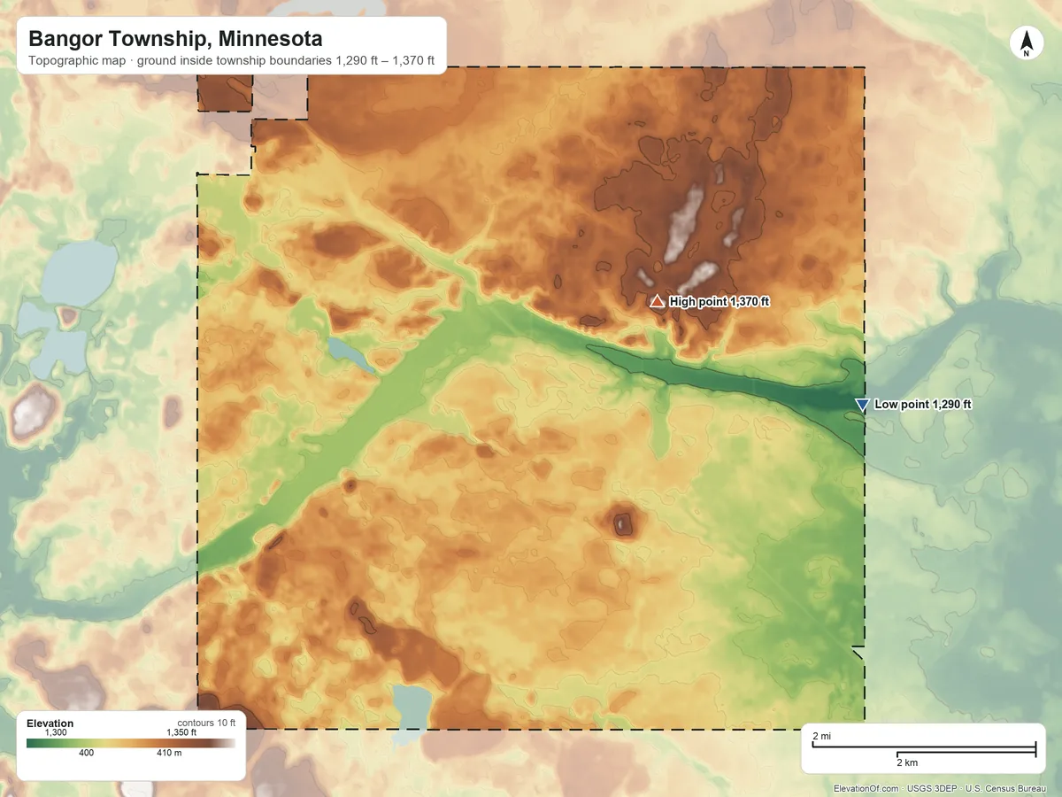 Topographic elevation map of Bangor Township, Minnesota, shaded from 1,290 ft on the east side to 1,370 ft on the northeast side