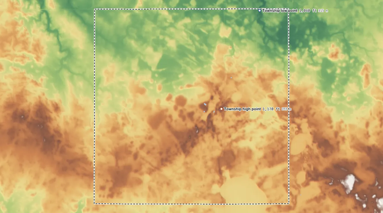 Topographic elevation map of Barber Township, Minnesota, shaded from 1,040 ft on the northeast side to 1,170 ft on the east side