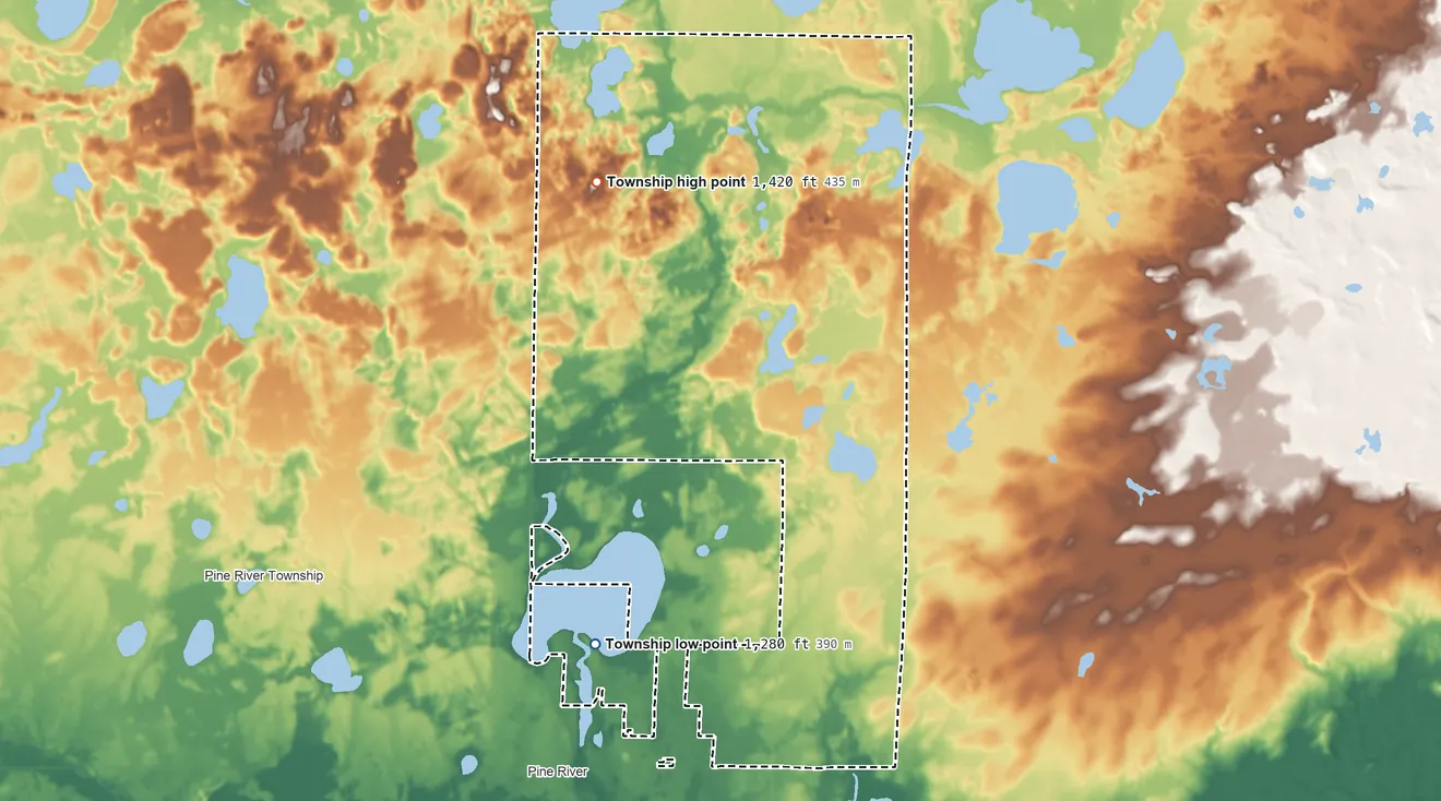 Topographic elevation map of Barclay Township, Minnesota, shaded from 1,280 ft on the southwest side to 1,420 ft on the northwest side
