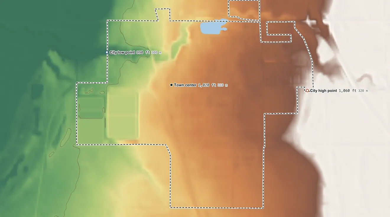 Topographic elevation map of Barnesville, Minnesota, shaded from 990 ft on the northwest side to 1,060 ft on the east side