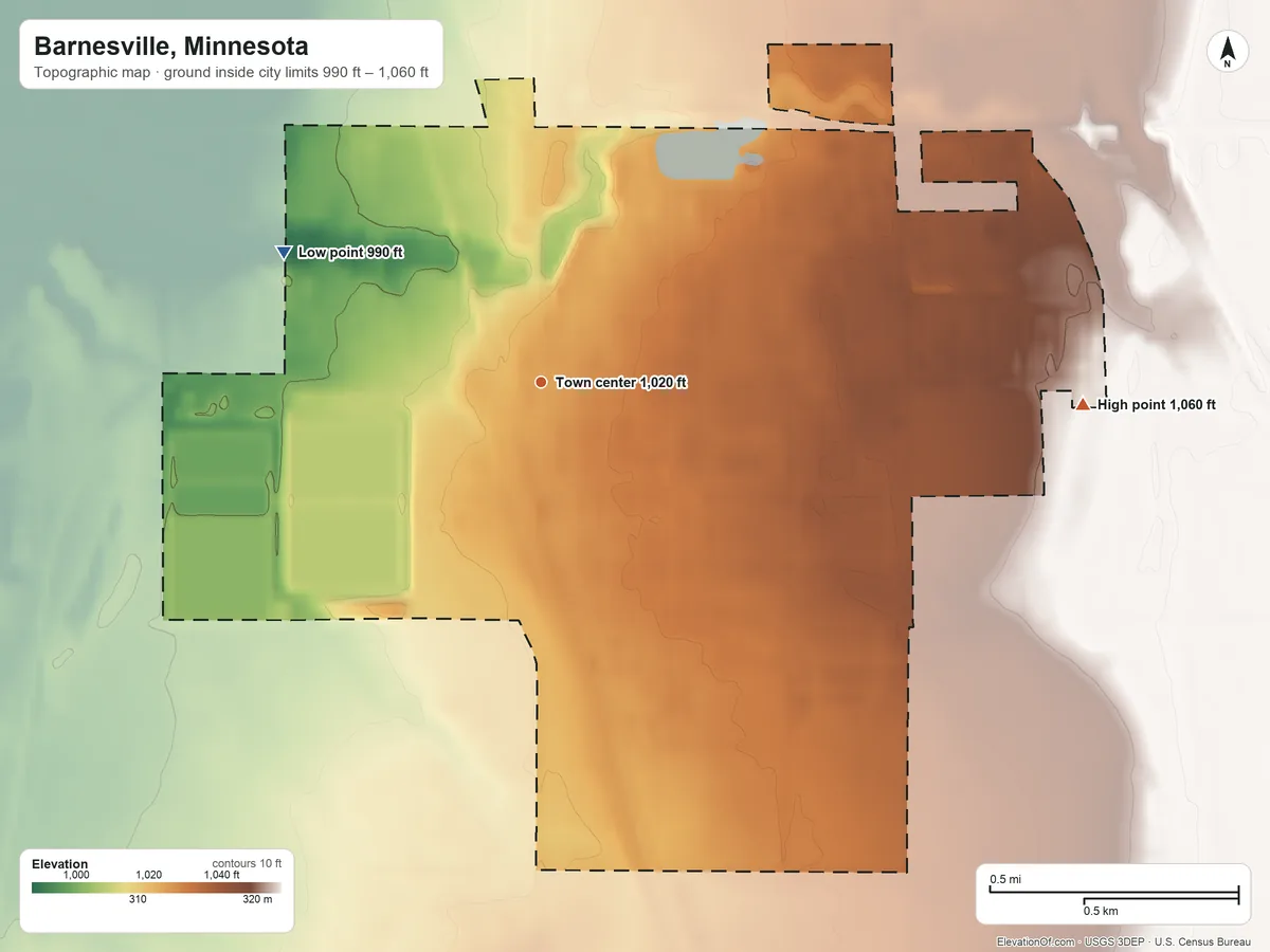 Topographic elevation map of Barnesville, Minnesota, shaded from 990 ft on the northwest side to 1,060 ft on the east side