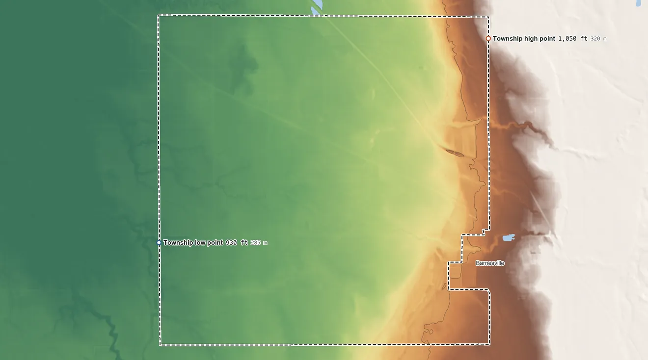 Topographic elevation map of Barnesville Township, Minnesota, shaded from 930 ft on the west side to 1,050 ft on the northeast side