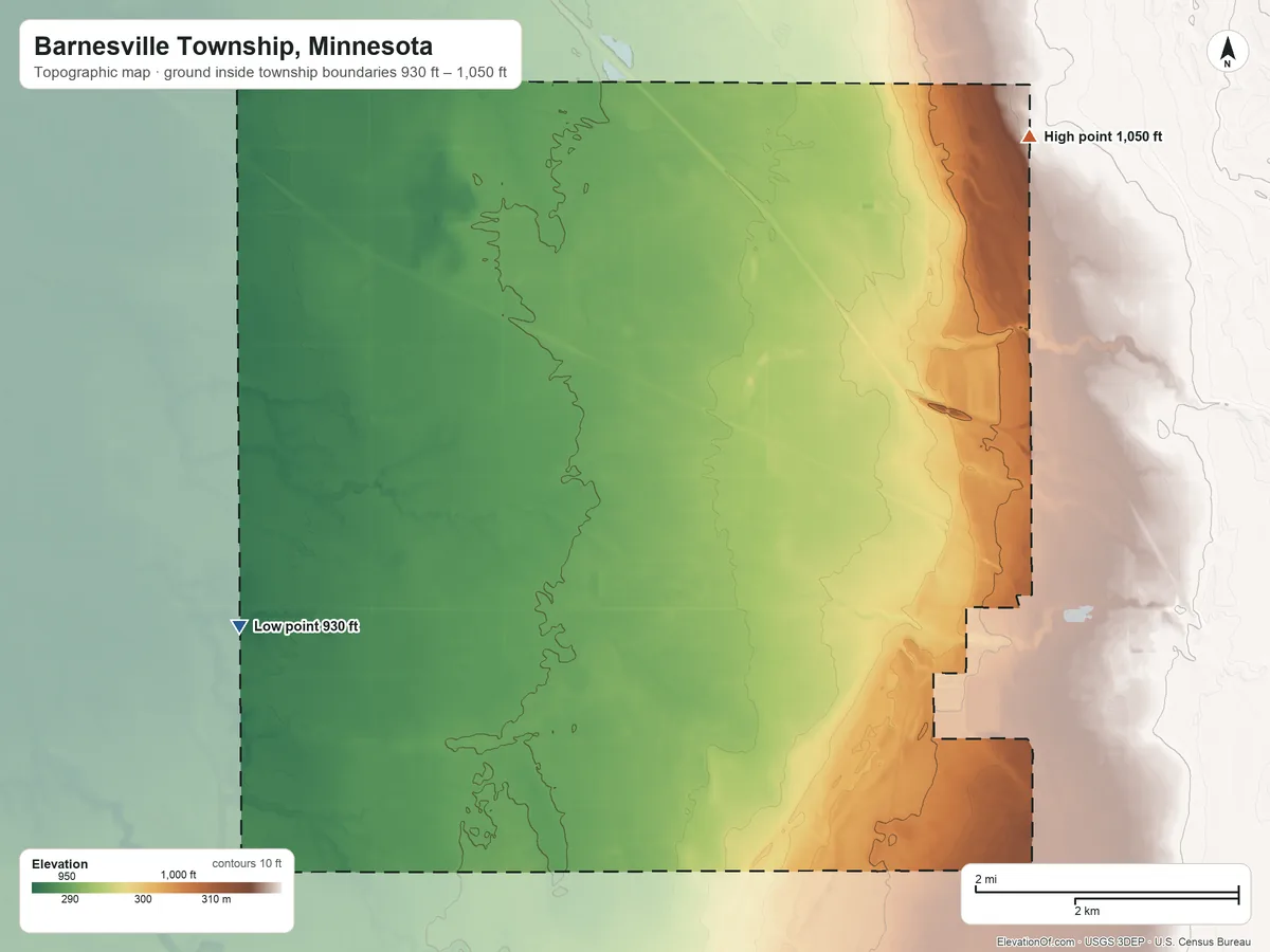 Topographic elevation map of Barnesville Township, Minnesota, shaded from 930 ft on the west side to 1,050 ft on the northeast side