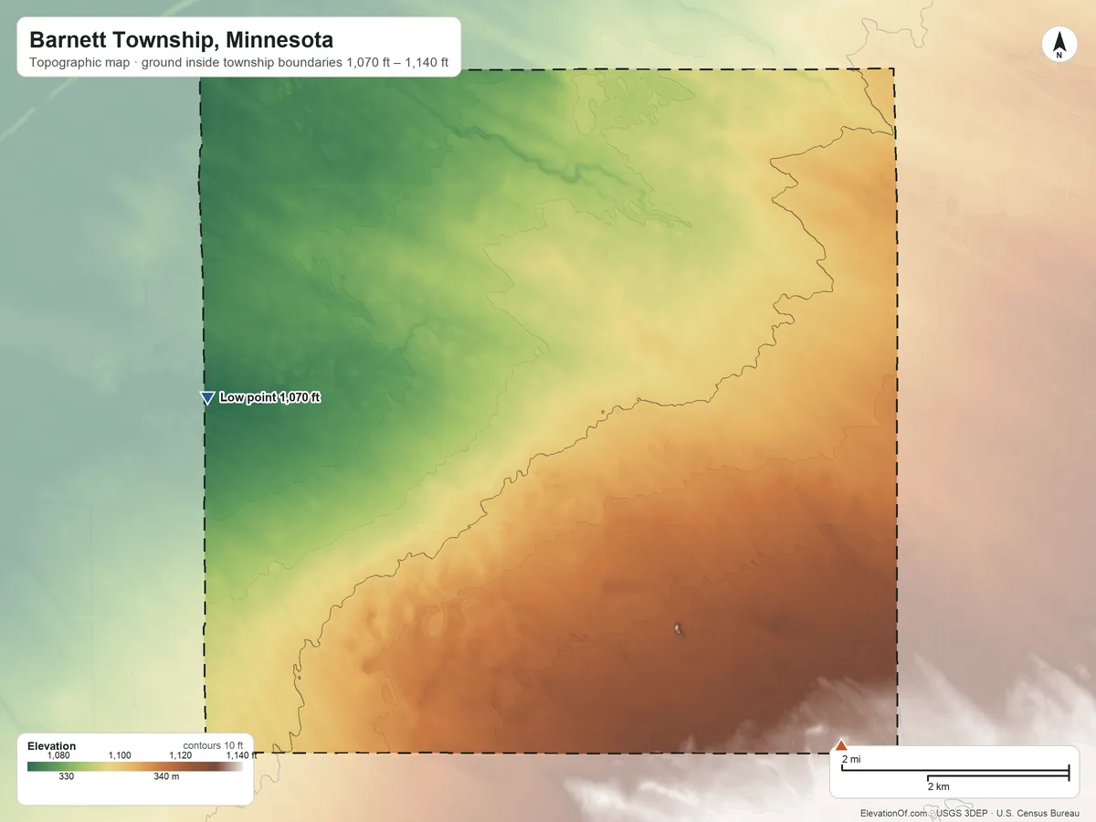 Topographic elevation map of Barnett Township, Minnesota, shaded from 1,070 ft on the west side to 1,140 ft on the southeast side