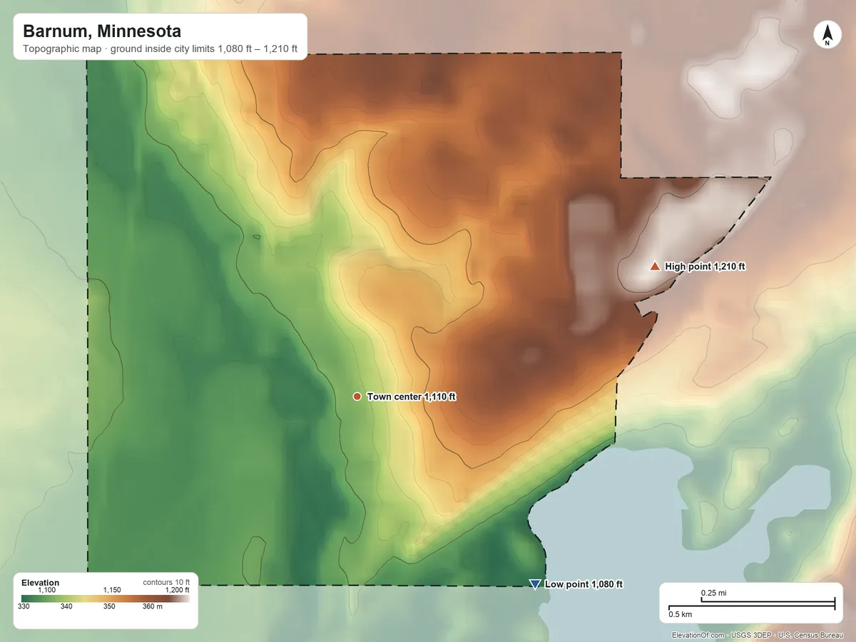 Topographic elevation map of Barnum, Minnesota, shaded from 1,080 ft on the southeast side to 1,210 ft on the northeast side
