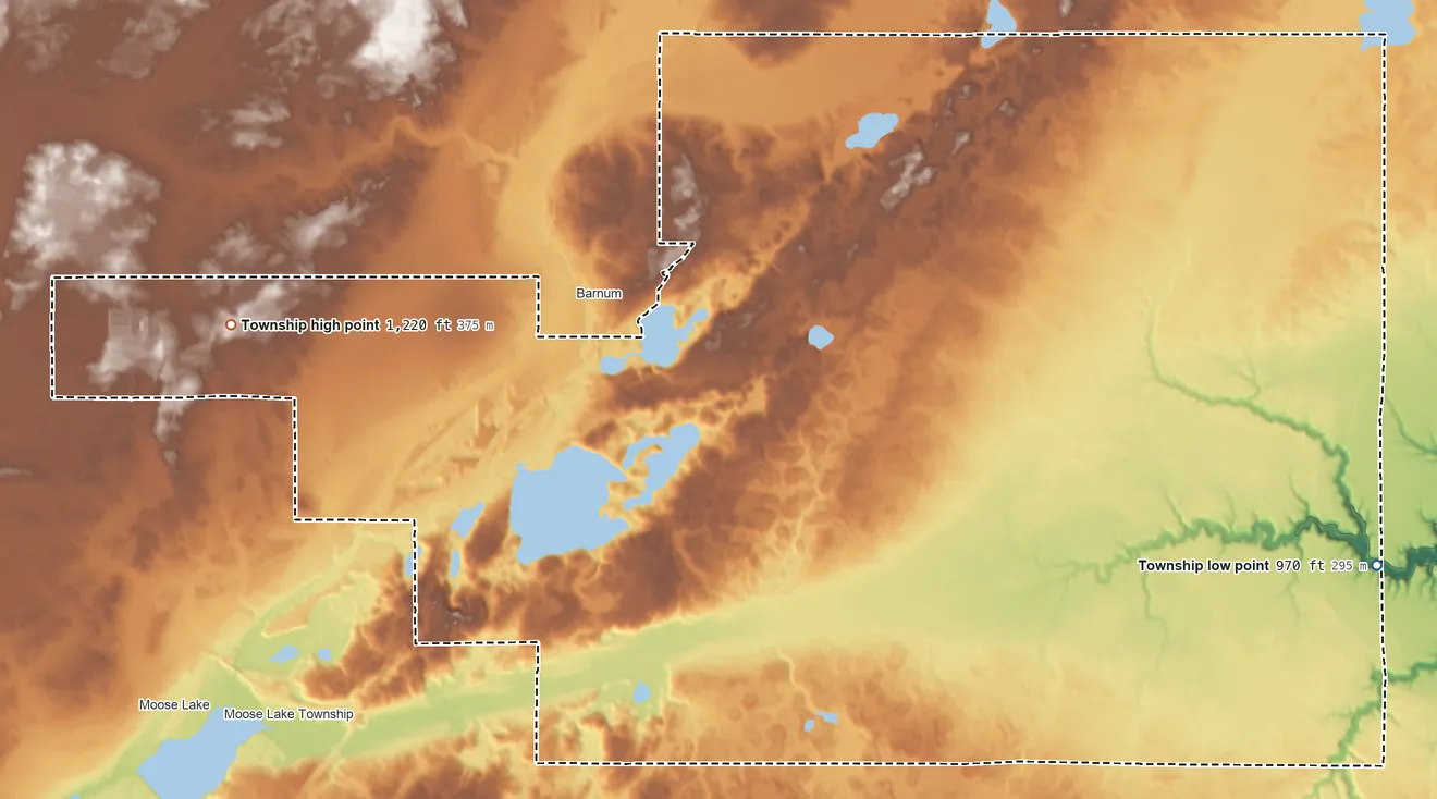 Topographic elevation map of Barnum Township, Minnesota, shaded from 970 ft on the east side to 1,220 ft on the west side
