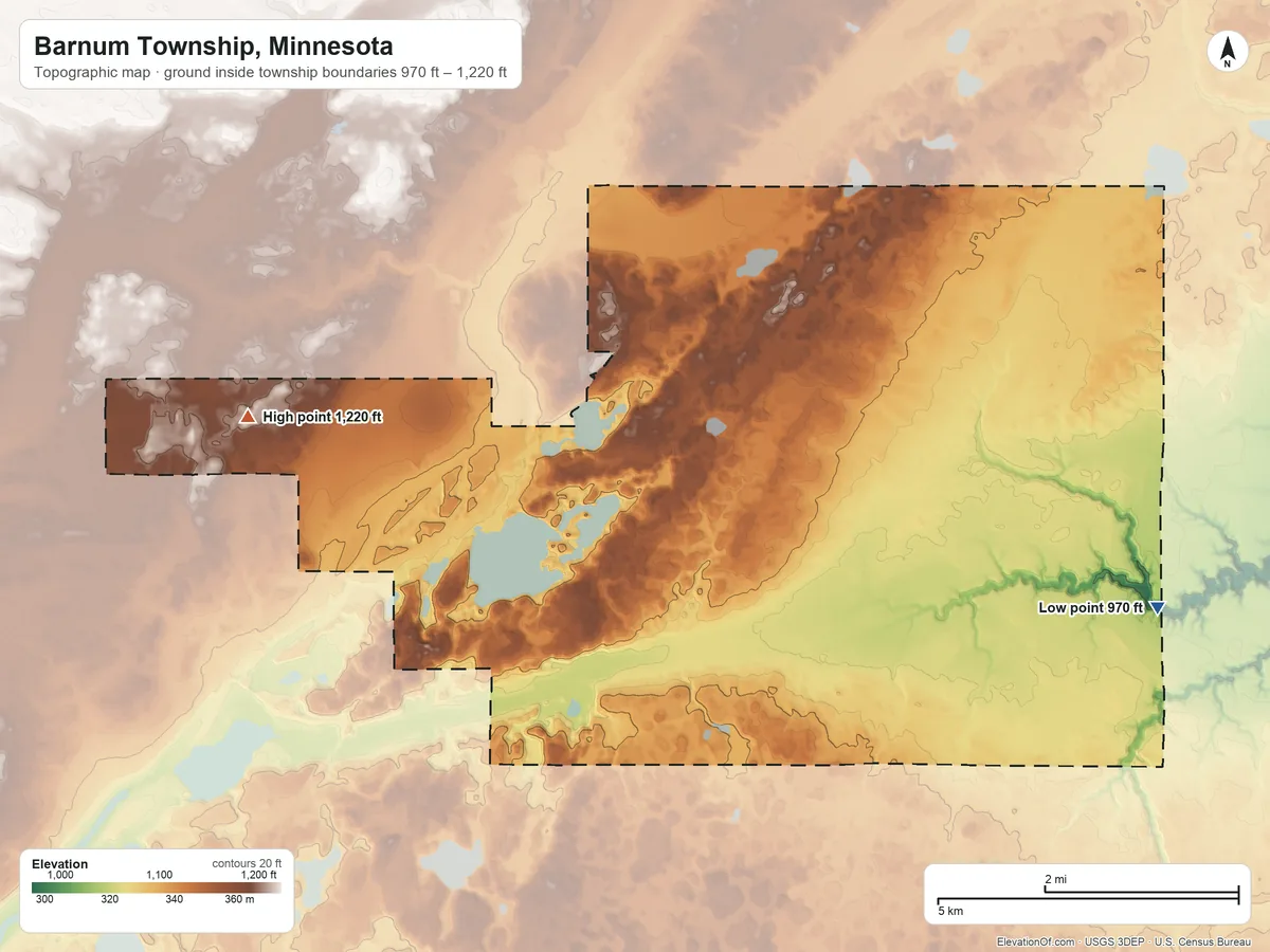 Topographic elevation map of Barnum Township, Minnesota, shaded from 970 ft on the east side to 1,220 ft on the west side