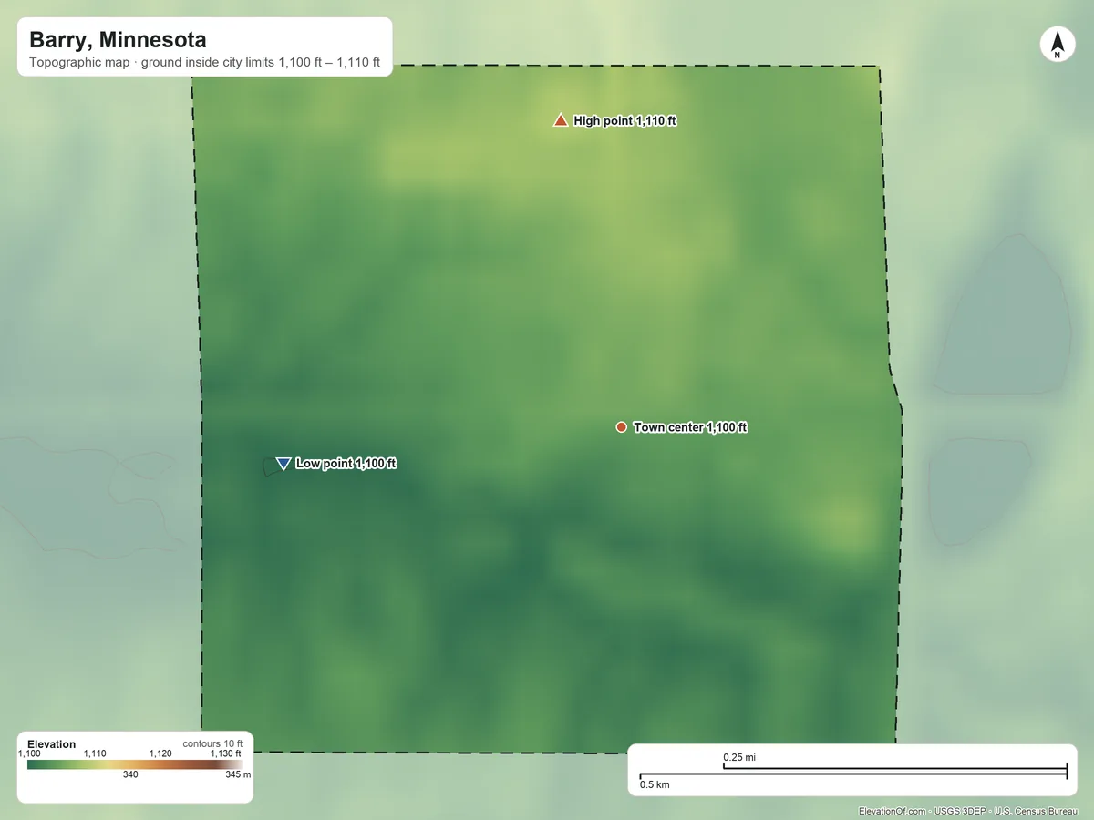 Topographic elevation map of Barry, Minnesota, shaded from 1,100 ft on the west side to 1,110 ft on the north side