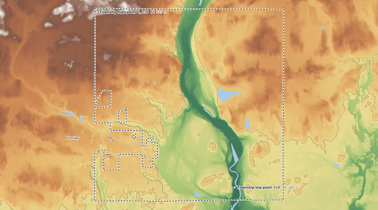 Topographic elevation map of Barry Township, Minnesota, shaded from 920 ft on the southeast side to 1,130 ft on the northwest side