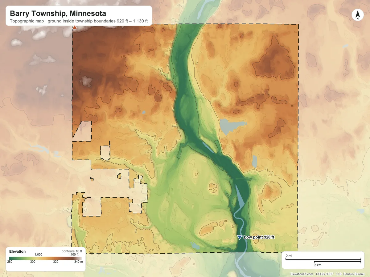 Topographic elevation map of Barry Township, Minnesota, shaded from 920 ft on the southeast side to 1,130 ft on the northwest side
