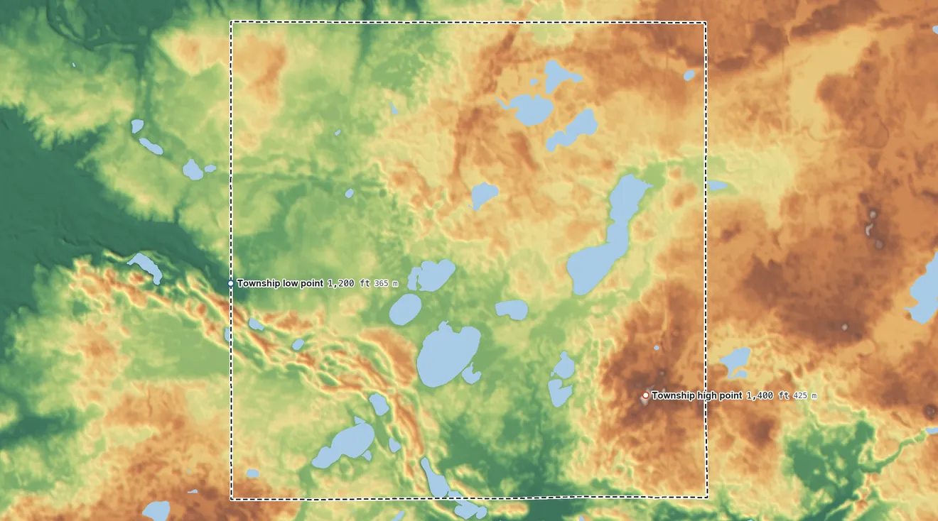Topographic elevation map of Barsness Township, Minnesota, shaded from 1,200 ft on the west side to 1,400 ft on the southeast side