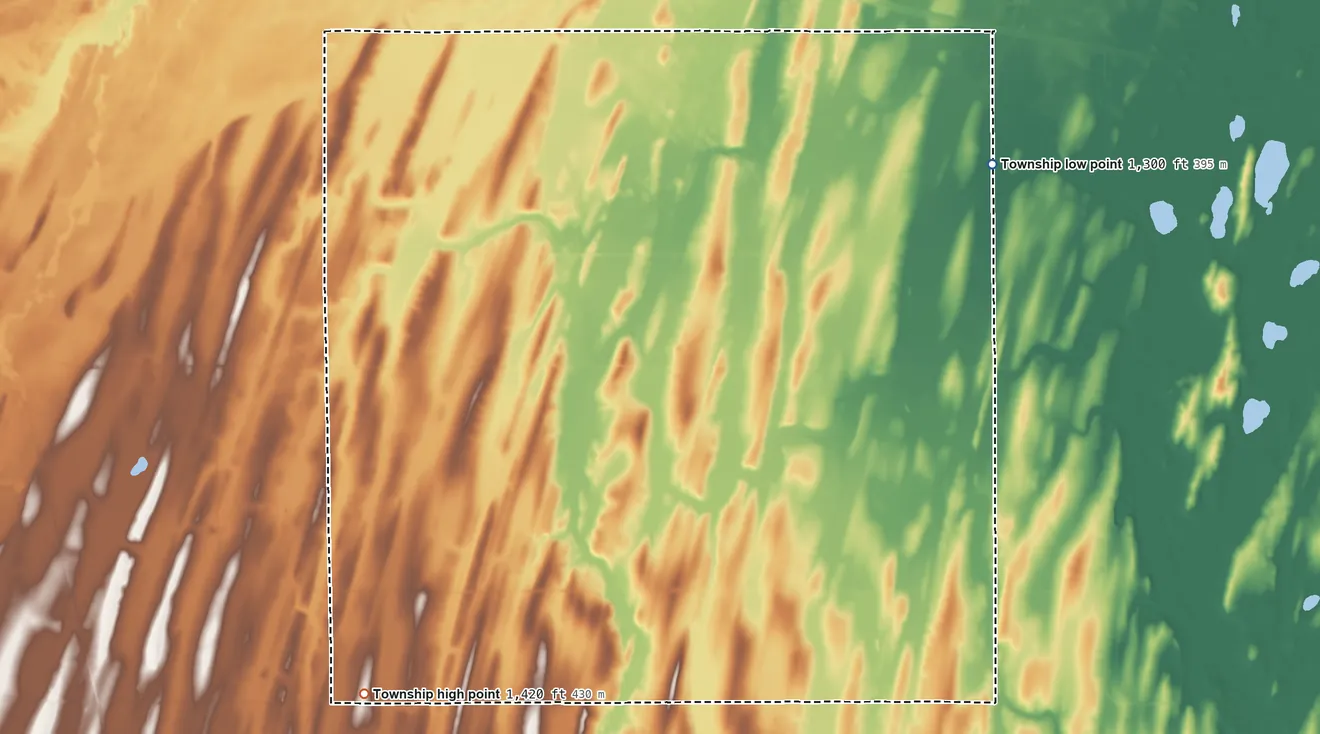 Topographic elevation map of Bartlett Township, Minnesota, shaded from 1,300 ft on the northeast side to 1,420 ft on the southwest side
