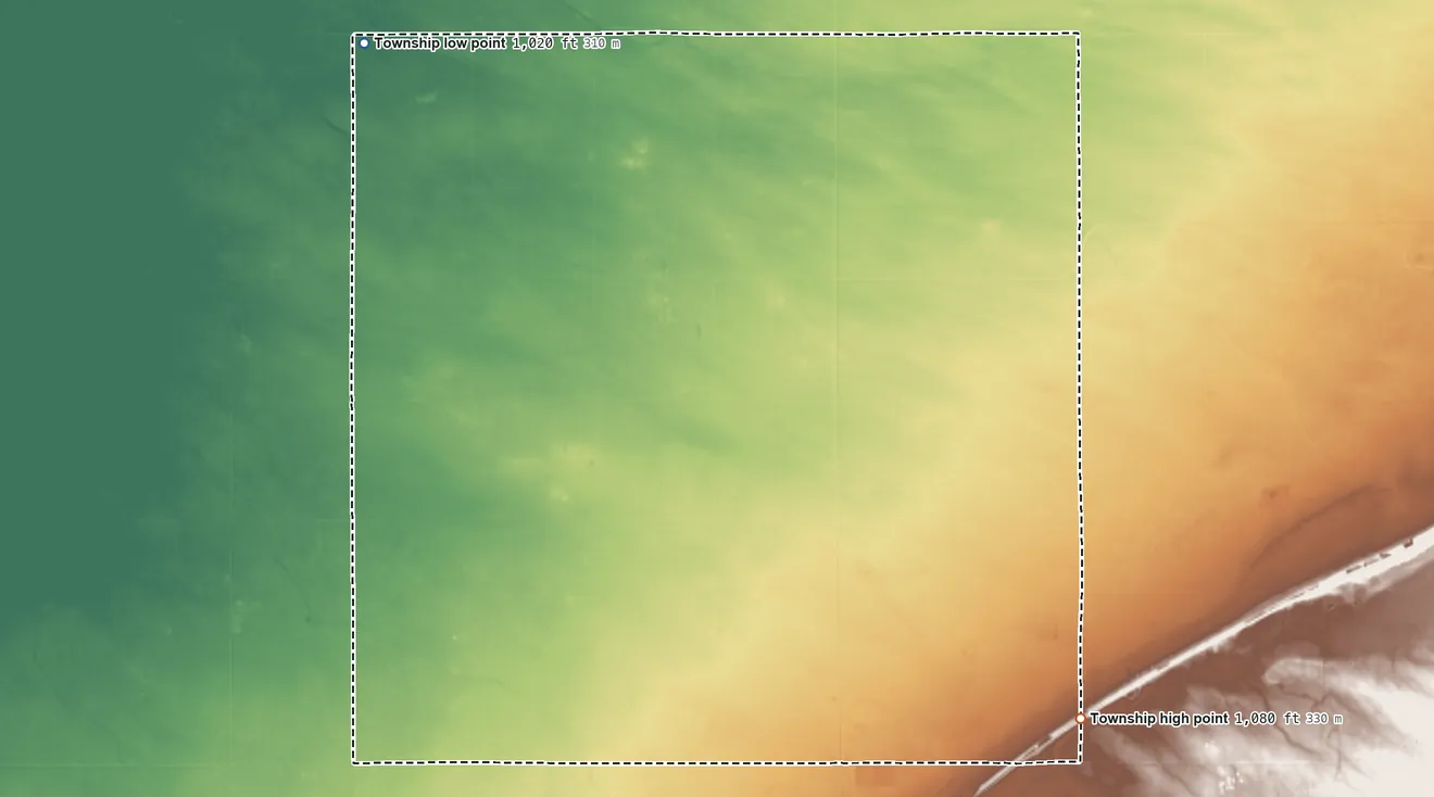 Topographic elevation map of Barto Township, Minnesota, shaded from 1,020 ft on the northwest side to 1,080 ft on the southeast side