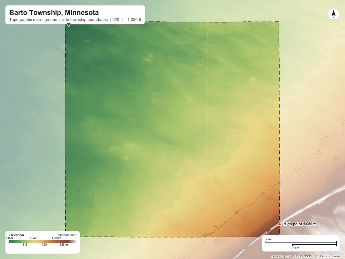Topographic elevation map of Barto Township, Minnesota, shaded from 1,020 ft on the northwest side to 1,080 ft on the southeast side