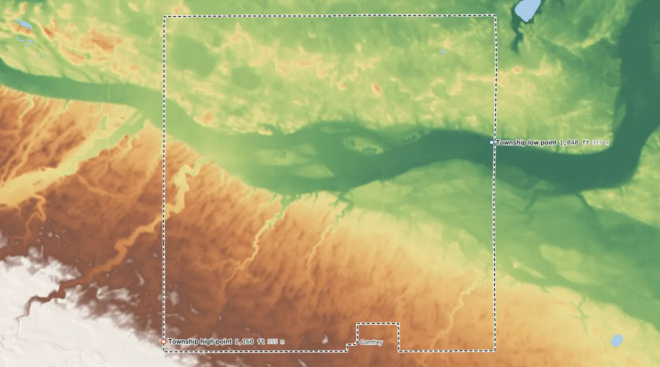 Topographic elevation map of Bashaw Township, Minnesota, shaded from 1,040 ft on the east side to 1,160 ft on the southwest side