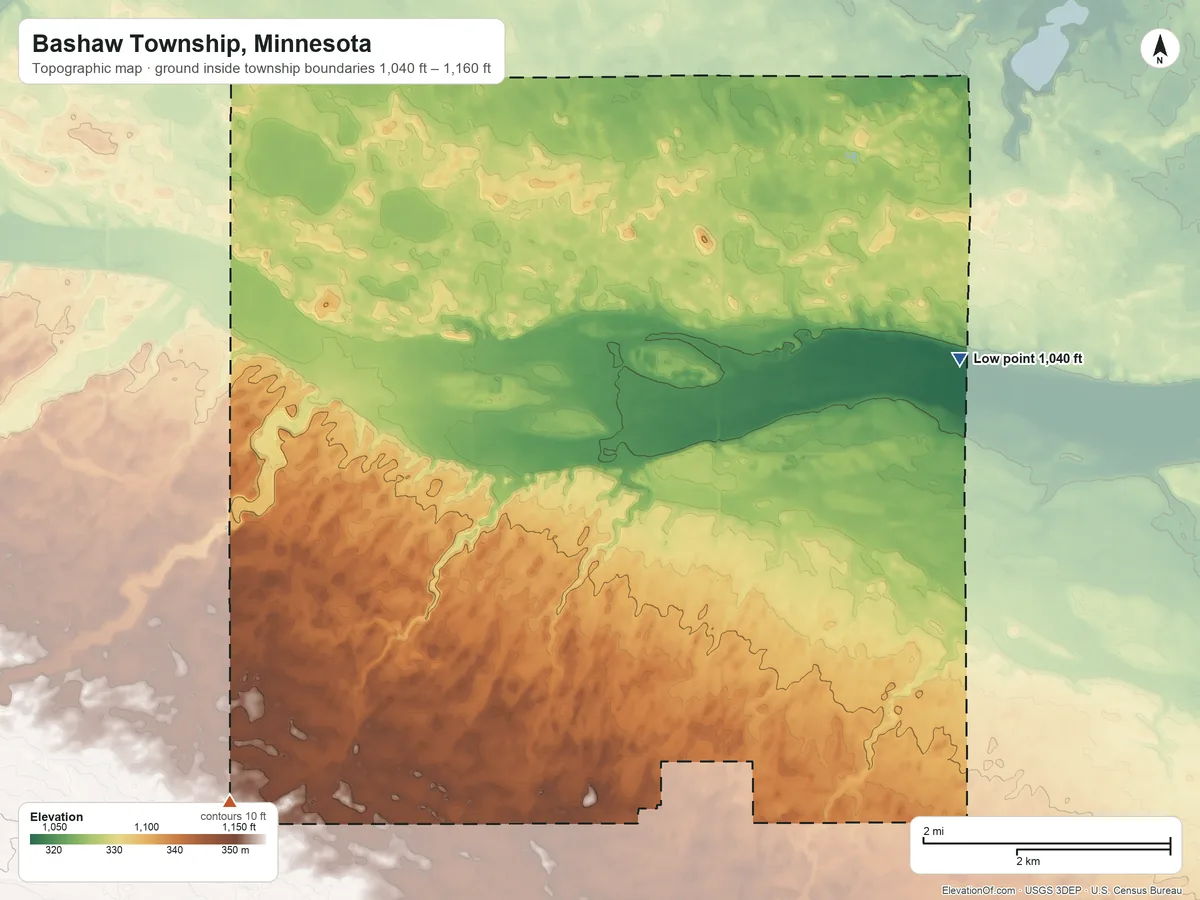 Topographic elevation map of Bashaw Township, Minnesota, shaded from 1,040 ft on the east side to 1,160 ft on the southwest side