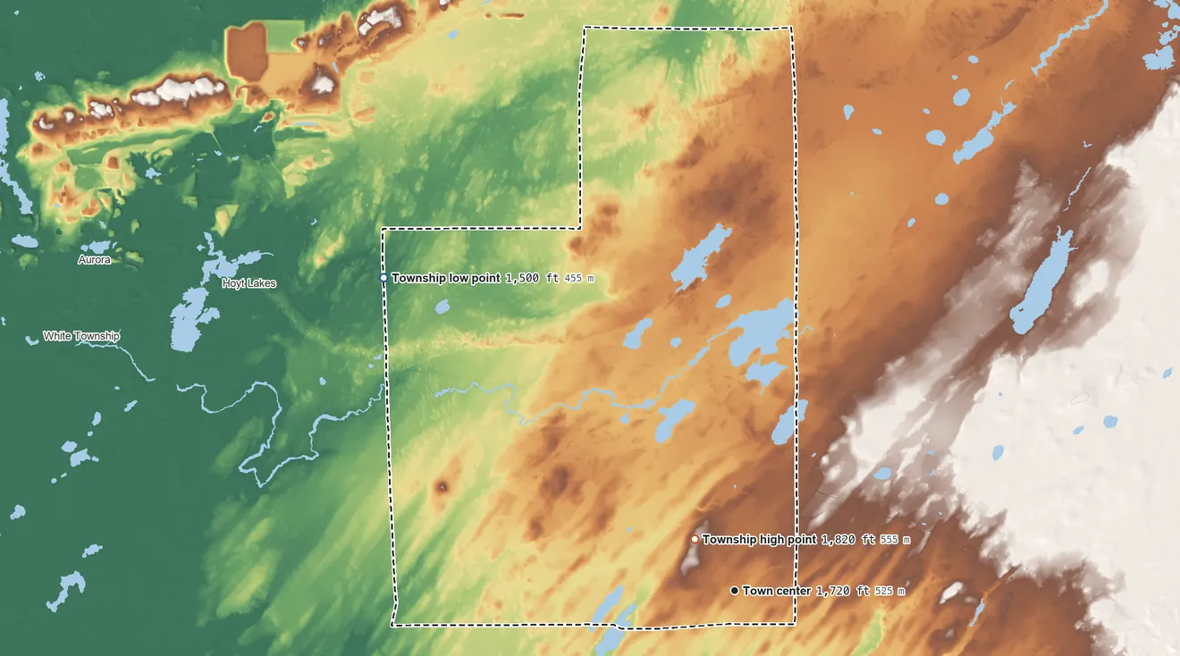 Topographic elevation map of Bassett Township, Minnesota, shaded from 1,500 ft on the northwest side to 1,820 ft near the middle