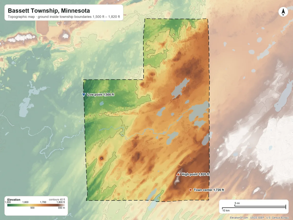 Topographic elevation map of Bassett Township, Minnesota, shaded from 1,500 ft on the northwest side to 1,820 ft near the middle