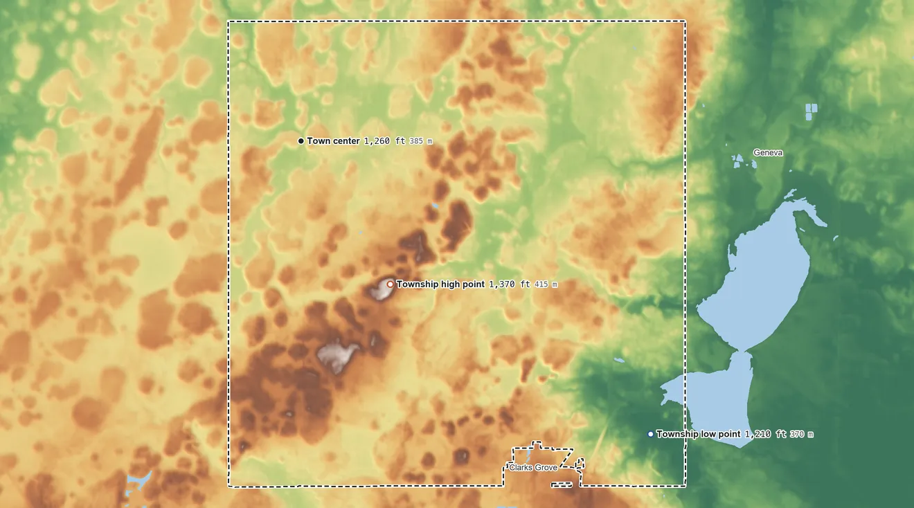 Topographic elevation map of Bath Township, Minnesota, shaded from 1,210 ft on the southeast side to 1,370 ft on the southeast side